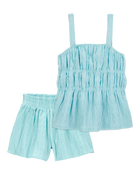 Kid 2-Piece Ruched Textured Tank & Pull-On Smocked Shorts Set - Blue, image 1 of 7 slides