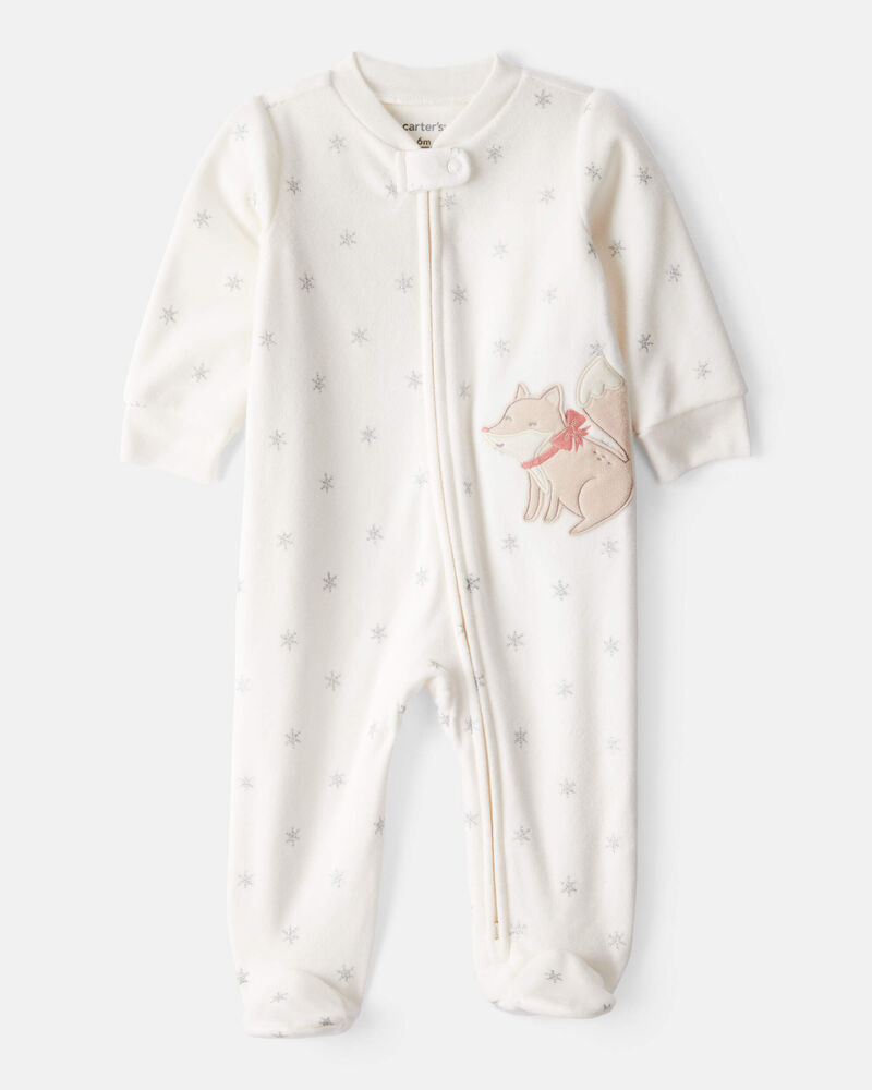 Baby Girl Fox Sparkle Print Loose Fit Long-Sleeve Sleep & Play Pajamas - White, image 1 of 5 slides