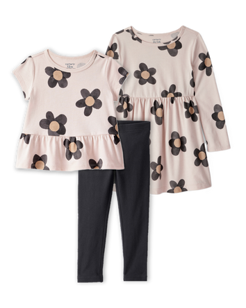 Toddler Girl 3-Piece Flower Print Outfit & Dress Set - Tan/Black, 