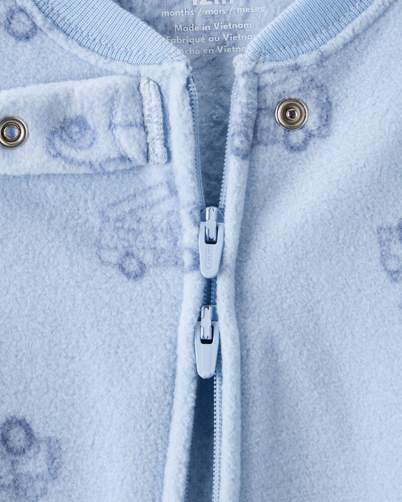 Baby Boy Firetruck Print Loose Fit 2-Way Zip 1-Piece Pajamas - Blue, image 3 of 5 slides
