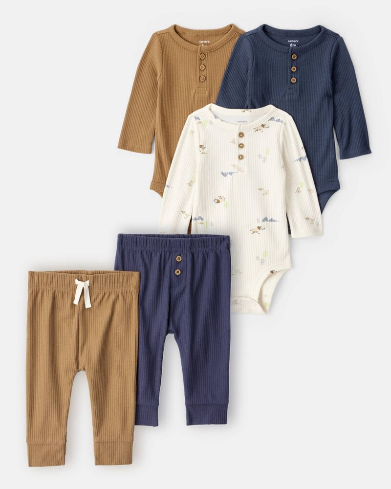 Baby Boy 5-Piece Long-Sleeve Bodysuits & Pants Set - Cream/Brown/Navy

, image 1 of 10 slides