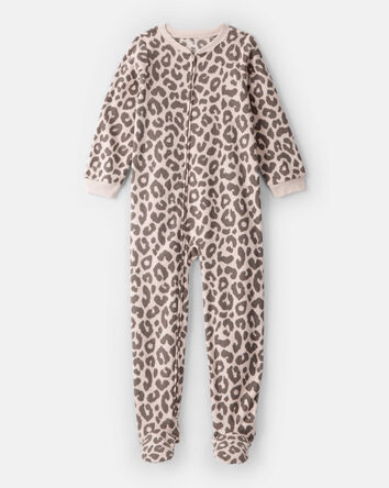 Girls Leopard Print Fleece Long-Sleeve Loose Fit 1-Piece Pajamas -Brown, 