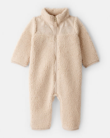Baby Girl Embroidered Sherpa Long-Sleeve Jumpsuit - Brown, 