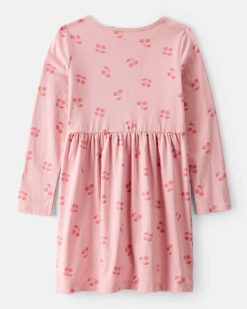 Girls Cherry Print Long Sleeve Cotton Dress - Pink, 