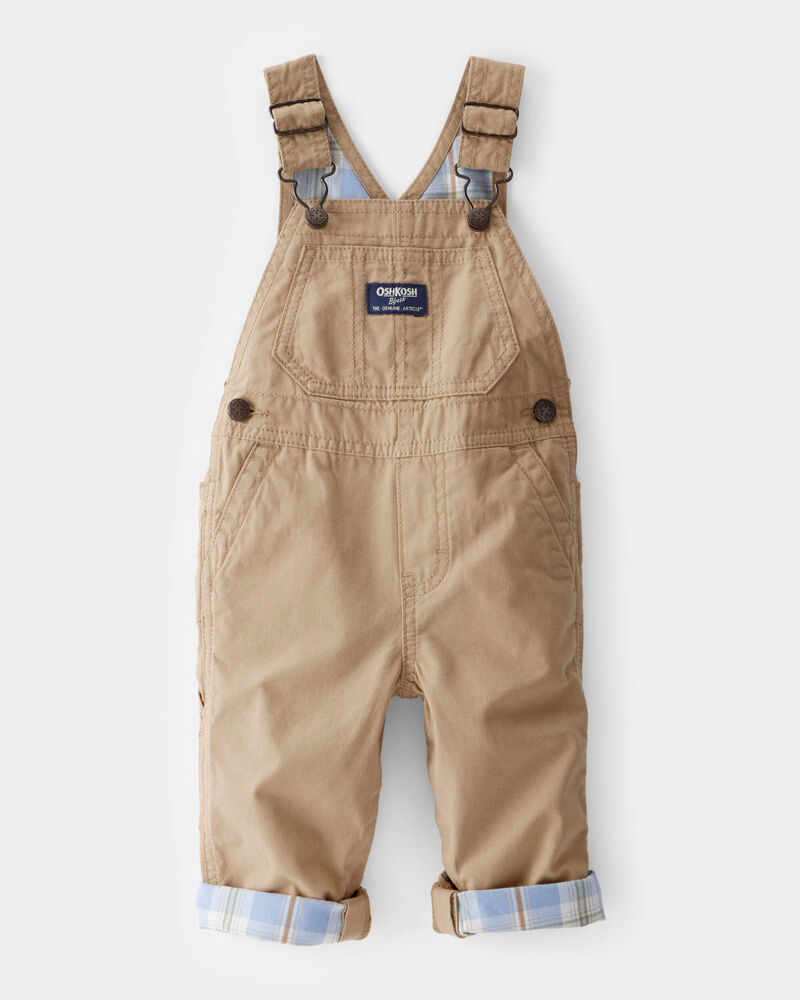 Baby Lightweight Plaid-Lined Canvas Overalls - Khaki, image 1 of 4 slides