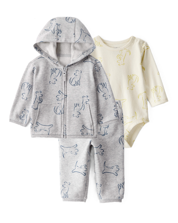 Baby Boy 3-Piece Dog Hoodie, Pants & Bodysuit Set - Grey/Ivory, 
