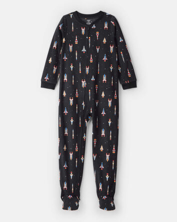 Boys Rocket Ship Print Fleece Long-Sleeve Loose Fit 1-Piece Pajamas - Black, 