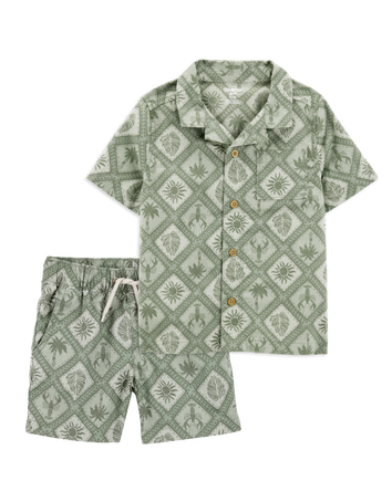 Toddler 2-Piece Tile Print Button-Down Shirt & Drawstring Shorts Set - Green, 