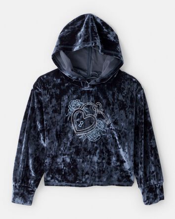 Girls Heart Embroidered Hooded Velour Top - Blue, 