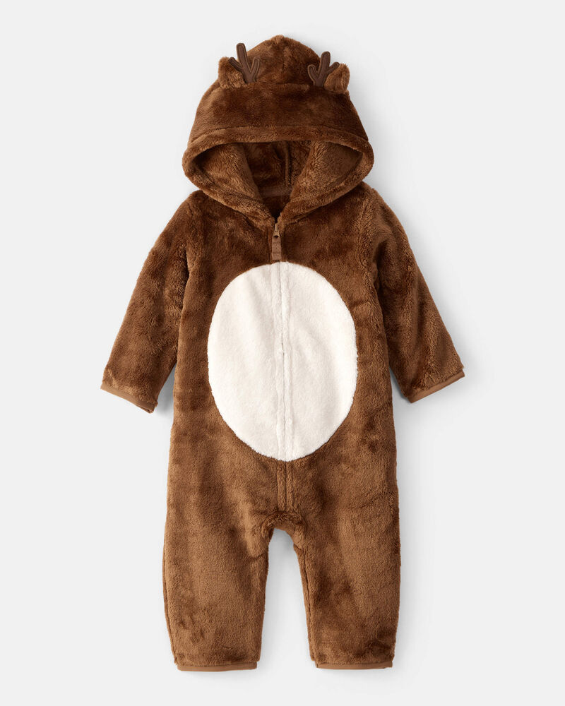 Baby Reindeer Sherpa Hooded Jumpsuit - Brown, image 1 of 3 slides
