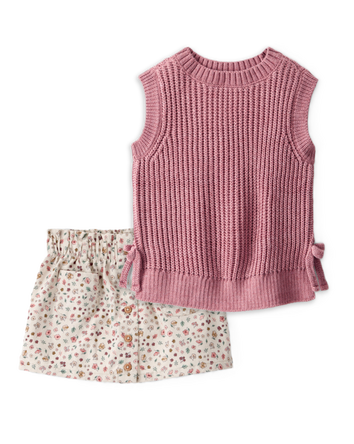 Toddler Girl 2-Piece Sleeveless Sweater Top & Floral Print Cotton Skirt Set - Multi, 
