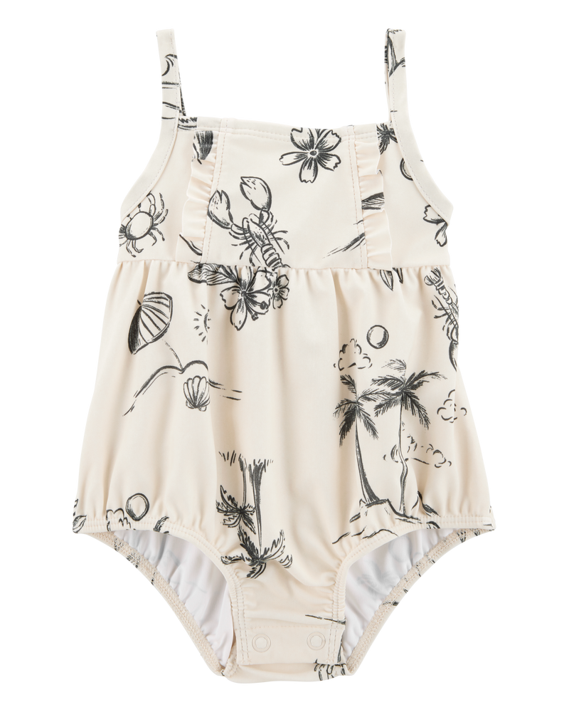 Baby Girl 1-Piece Beach Print Swimsuit, image 1 of 5 slides
