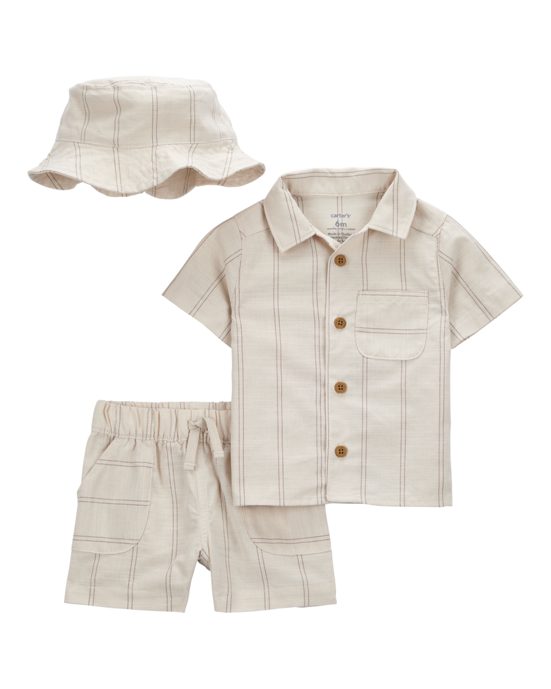 Baby Boy 3-Piece Striped Little Short & Hat Set - Khaki, image 1 of 3 slides