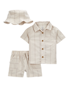 Baby Boy 3-Piece Striped Little Short & Hat Set - Khaki, image 1 of 3 slides