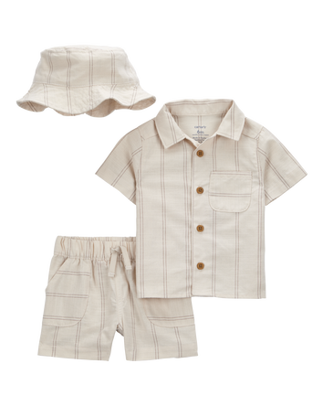 Baby Boy 3-Piece Striped Little Short & Hat Set - Khaki, 