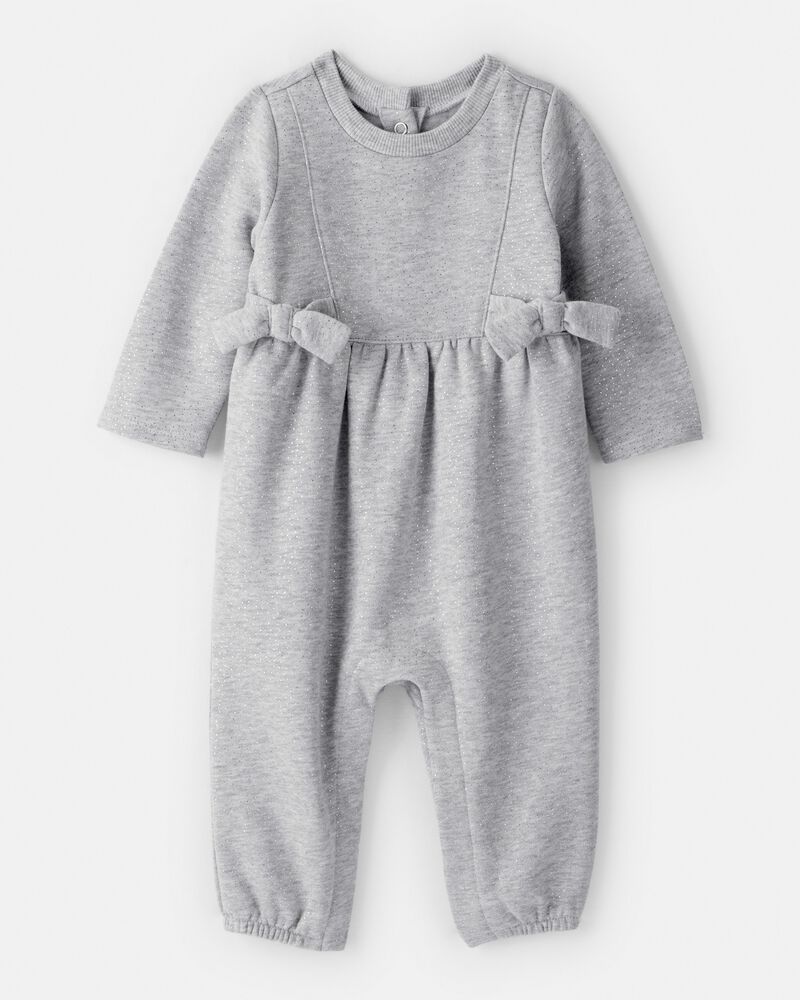 Baby Girl DayDream Fleece Bow Glitter Long-Sleeve Jumpsuit - Grey, image 1 of 3 slides