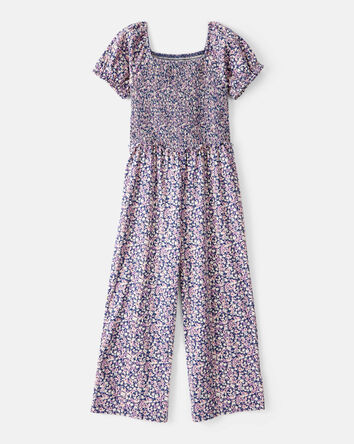 Girls Floral Smocked Short-Sleeve Jumpsuit - Navy/Purple, 