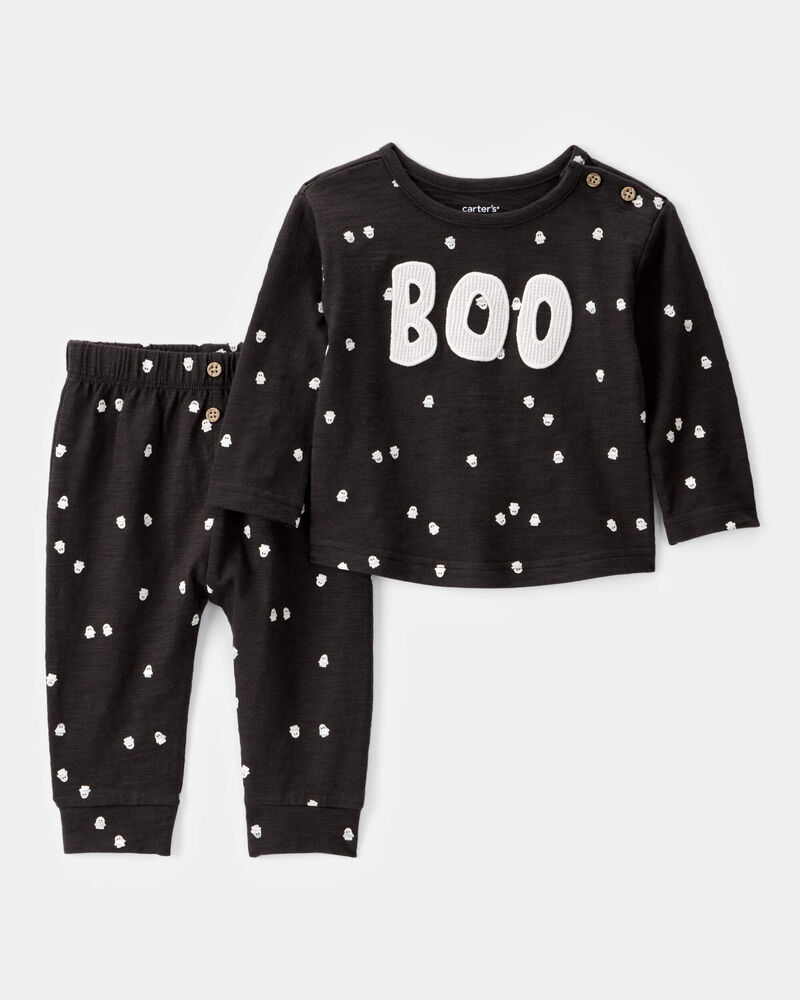 Baby 2-Piece Ghost Print Halloween Outfit Set - Black, image 1 of 3 slides