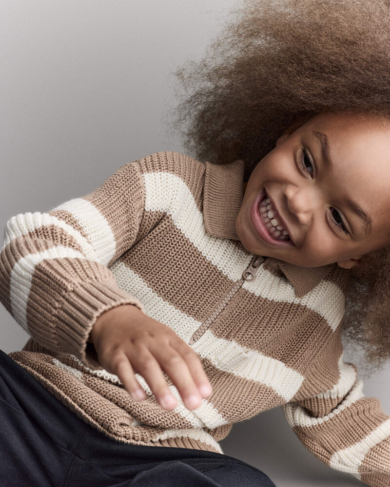 Toddler Striped Quarter-Zip Sweater - Tan/White, image 4 of 6 slides