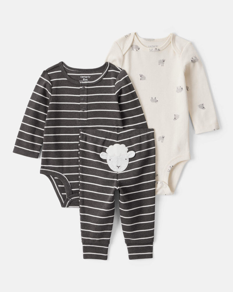 Baby Boy 3-Piece Striped Sheep Print Long-Sleeve Bodysuits & Pant Set - White/Black, image 1 of 5 slides