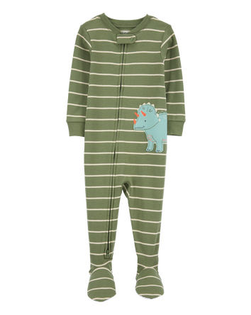Toddler Boy Dinosaur Striped Snug Fit Cotton Footie 1-Piece Pajamas - Green, 