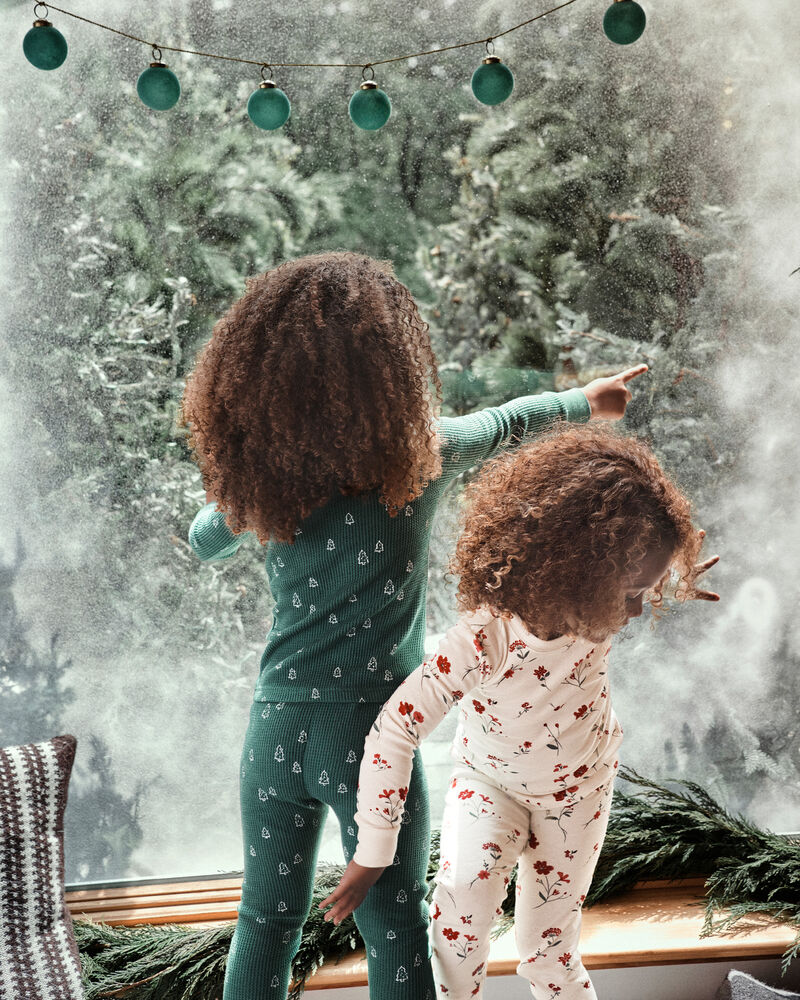 Toddler Christmas Tree Print Waffle Knit Pajamas Made with Organic Cotton, image 2 of 5 slides