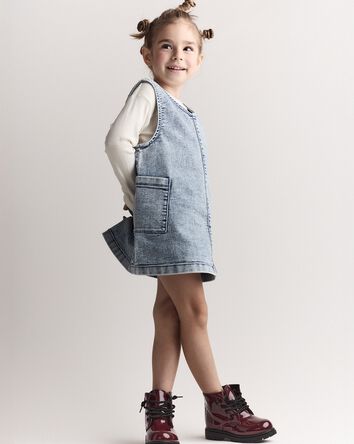 Toddler Girl Otter Pocket Denim Jumper in Avenue Wash - Blue, 