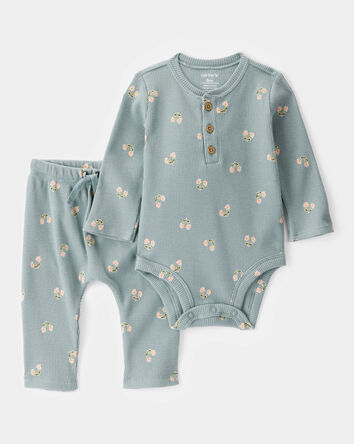 Baby Girl 2-Piece Floral Waffle Knit Long-Sleeve Bodysuit Pant Set - Green, 