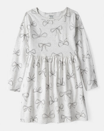 Girls Bow Print Long Sleeve Cotton Dress - Grey, 