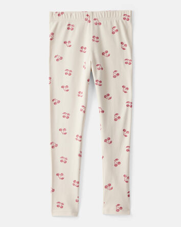 Girls Cherry Print Cotton Pull-On Stretch Leggings - Ivory, 