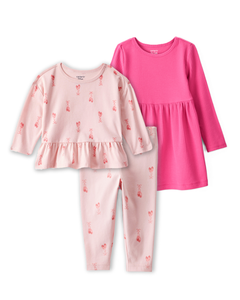 Baby Girl 3-Piece Ballerina Print Outfit & Dress Set - Pink, image 1 of 9 slides