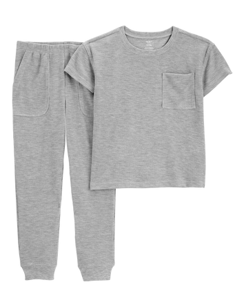 Boys Solid Loose Fit Waffle Knit 2-Piece Pajamas - Grey, 