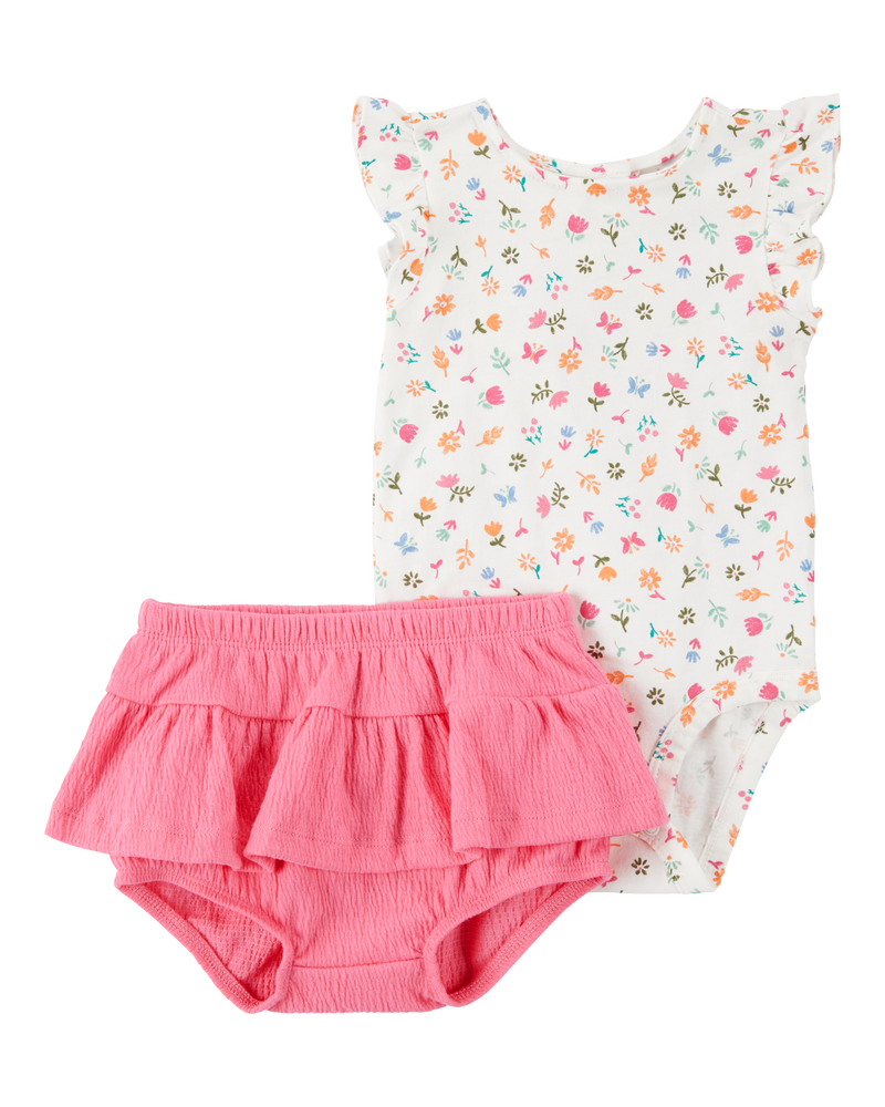 Baby Girl 2-Piece Floral Bodysuit & Diaper Cover Set - Pink, image 1 of 4 slides
