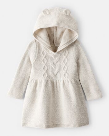 Baby Girl Long-Sleeve Hooded Sweater Dress with Bear Ears - Oatmeal, 