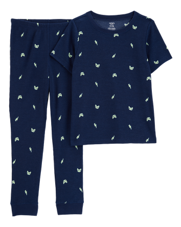 Boys Gamer Print Loose Fit Waffle Knit 2-Piece Pajamas - Navy, 