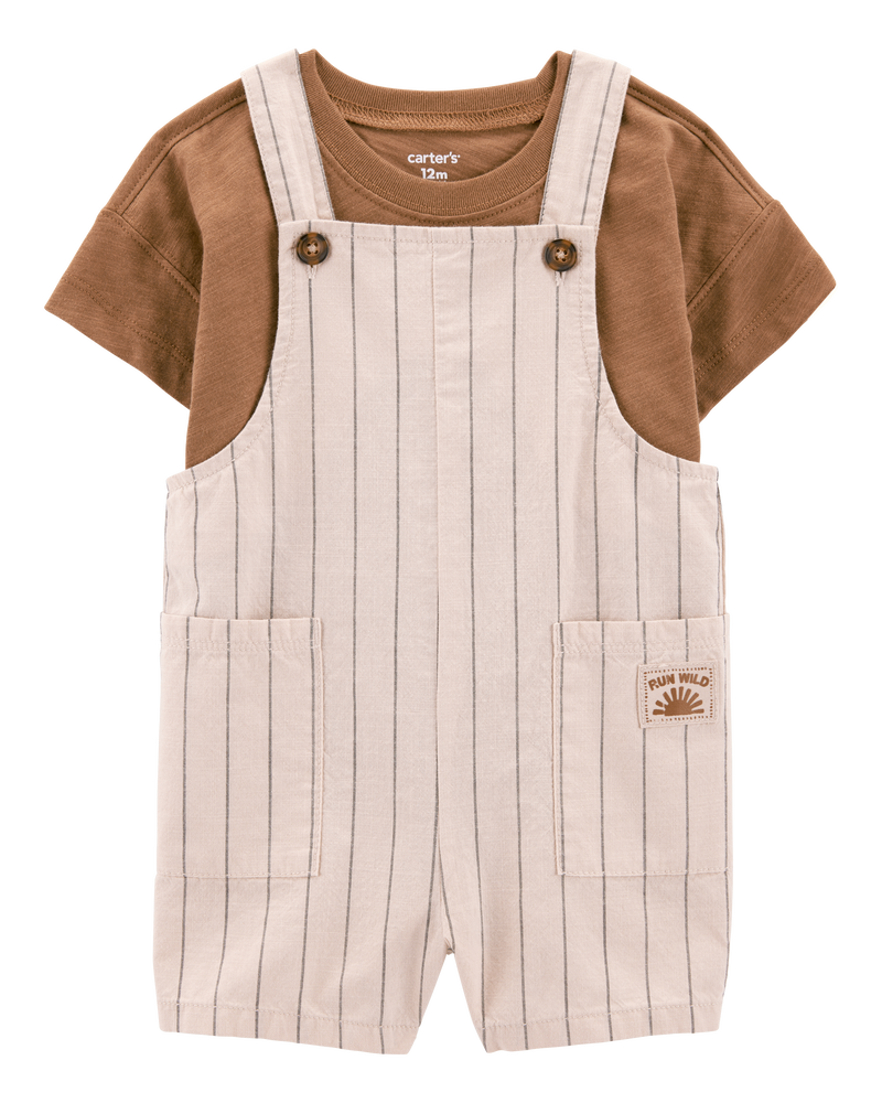 Baby 2-Piece Short-Sleeve Tee & Striped Shortall Set - Brown, image 1 of 5 slides