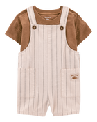 Baby 2-Piece Short-Sleeve Tee & Striped Shortall Set - Brown, image 1 of 5 slides