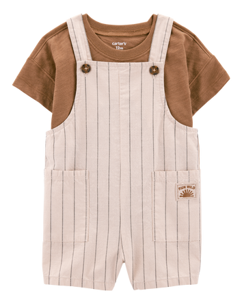 Baby 2-Piece Short-Sleeve Tee & Striped Shortall Set - Brown, 