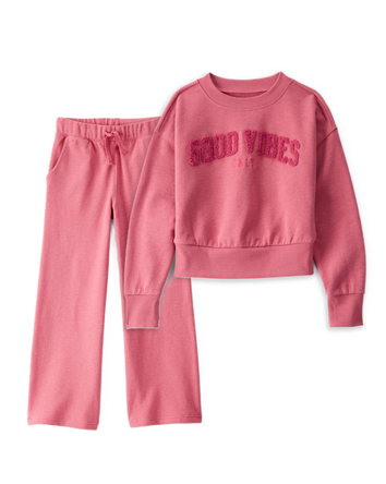 Girls 2-Piece Oversized "Good Vibes" Sweatshirt & Drawstring Pants Set - Pink, 