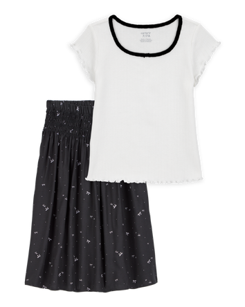 Kid 2-Piece Pointelle Tee & Bow Print Maxi Skirt Set - Black/White, 