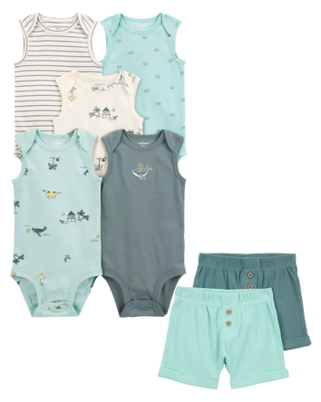 Baby 7-Piece Ocean Print Sleeveless Bodysuits & Shorts Set, 