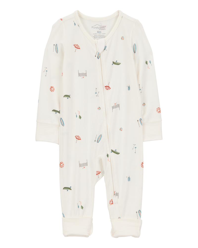 Baby Girl Camp Print 2-Way Zip PurelySoft Convertible Foot Sleep & Play Pajamas - Ivory, image 1 of 7 slides