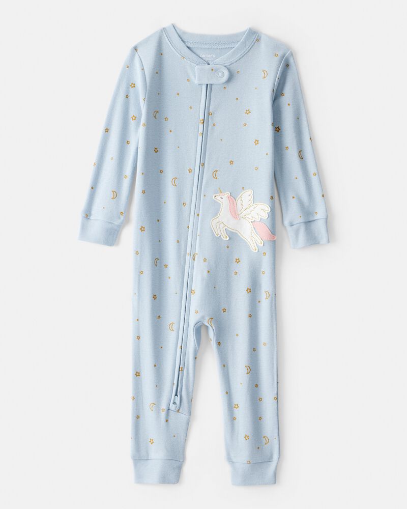 Toddler Girl Unicorn Star 100% Cotton Long-Sleeve 1-Piece Pajamas - Blue, image 1 of 4 slides