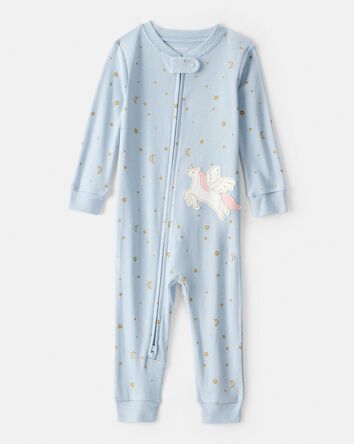 Toddler Girl Unicorn Star 100% Cotton Long-Sleeve 1-Piece Pajamas - Blue, 