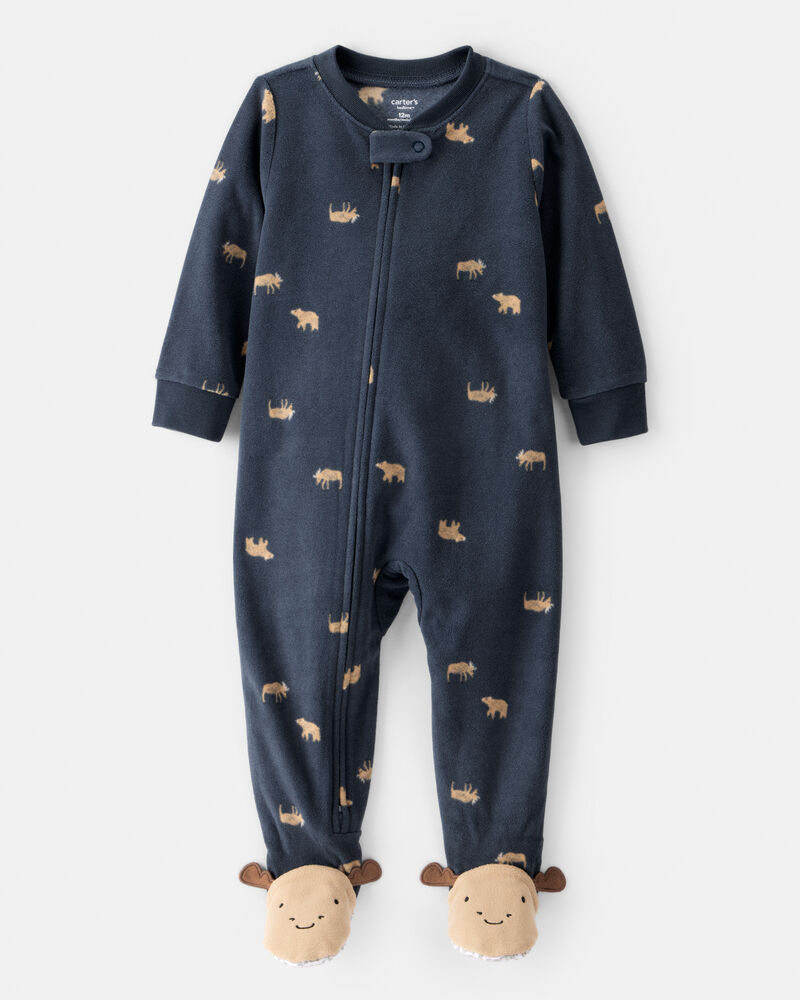 Baby Boy Moose Loose Fit 2-Way Zip 1-Piece Pajamas - Navy, image 1 of 4 slides