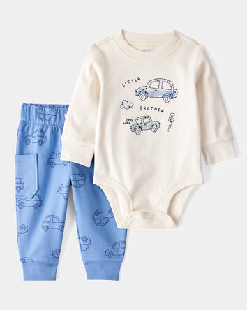 Baby Boy 2-Piece Car Little Brother Long-Sleeve Bodysuit Pant Set - White/Blue, 