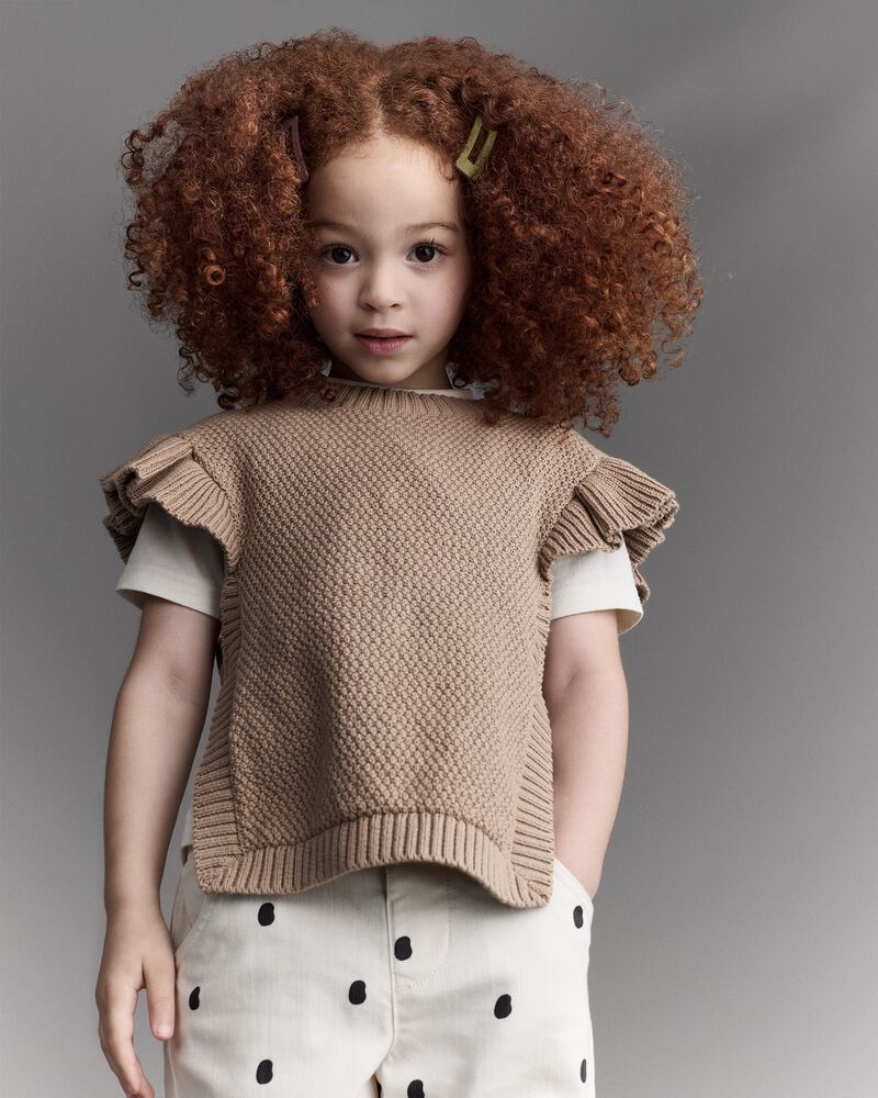 Toddler Girl Ruffle Sweater Vest - Tan, image 1 of 6 slides