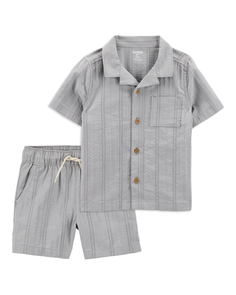 Baby 2-Piece Seersucker Button-Down Shirt & Drawstring Shorts Set - Grey, image 1 of 6 slides