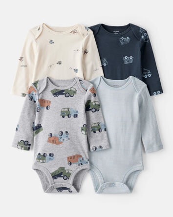 Baby Boy 4-Pack Construction Print Long-Sleeve Multipack Bodysuits - White/Navy Blue, 