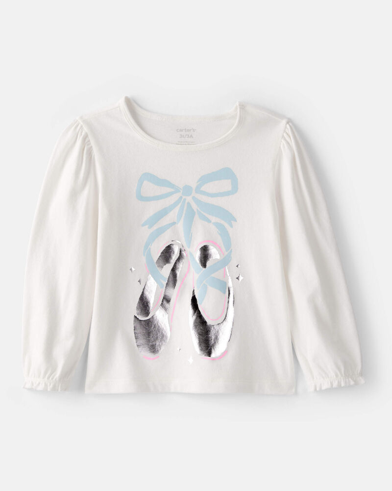 Toddler Girl Metallic Ballet Shoe Long-Sleeve Graphic Tee - White, image 1 of 4 slides
